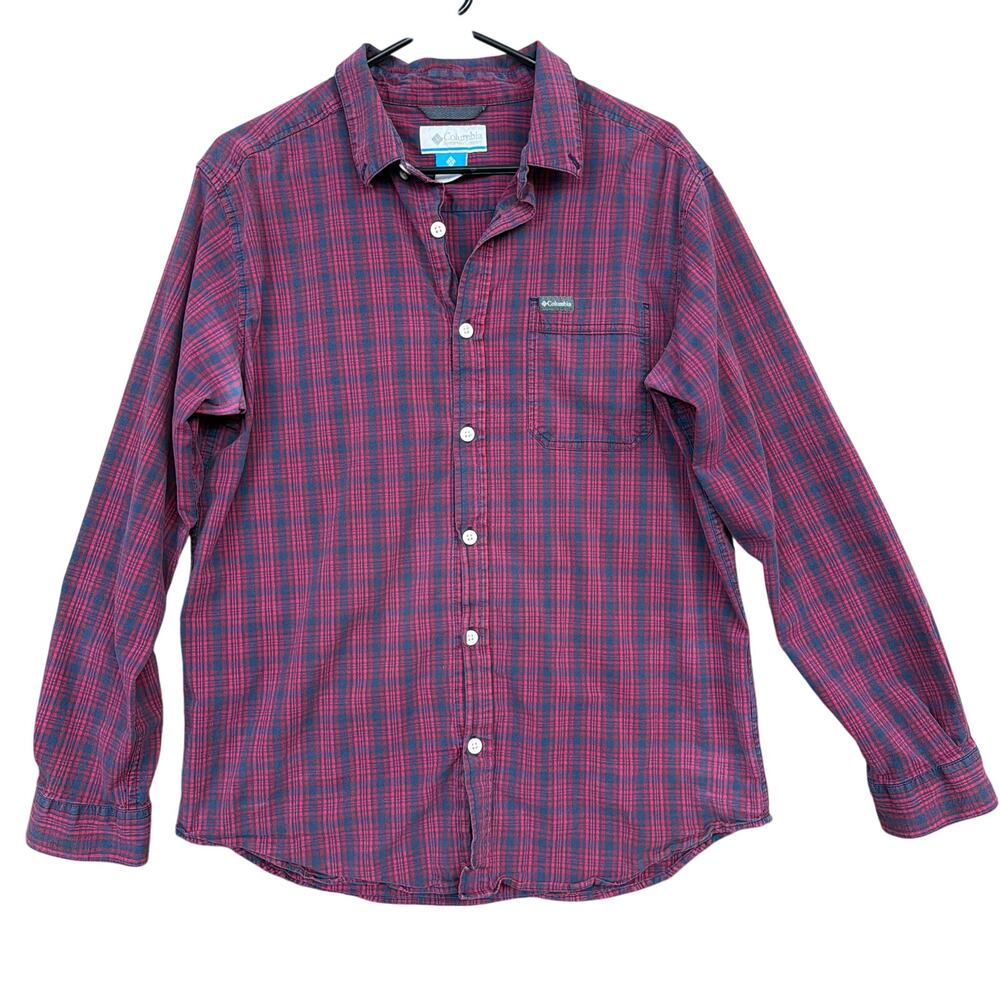 Columbia Mens Shirt Red Blue Plaid Button Down Long Sleeve Stretch Large
